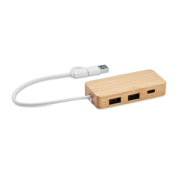 Hub de 3 portas USB em bambu